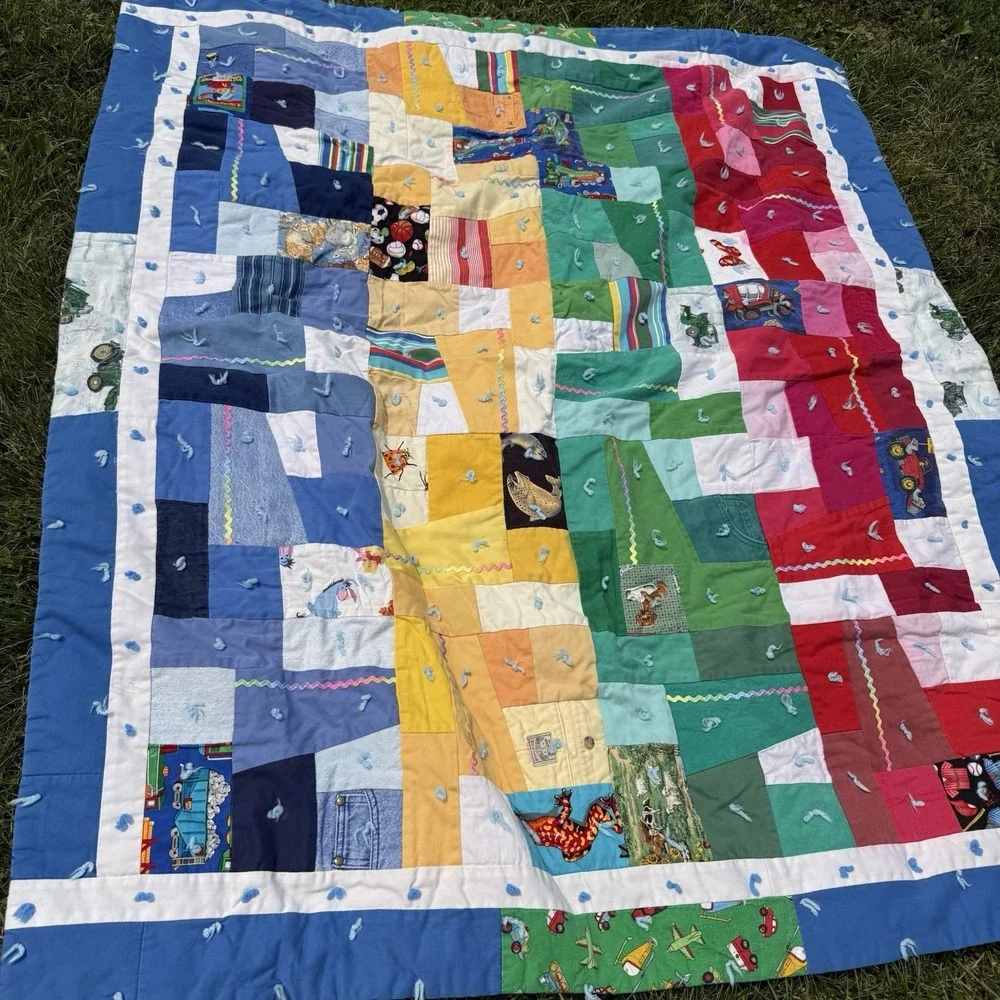 Vintage Handmade Patchwork Tied Quilt Upcycled Clothing Kids 52x63